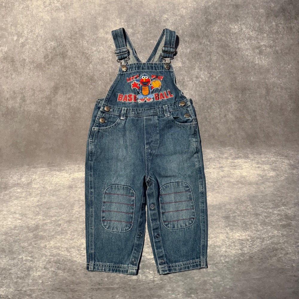 VTG 90s Sesame Street Elmo Baseball Denim Overalls 24M RN 16435 Kidcore Jean